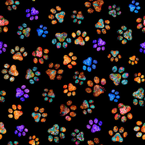 Image of Feline Fantasia Paw Prints Black quilting cotton fabric by Morris Creative Group for QT Fabrics. Features paw prints on a black background. Cute Little Fabric Shop
