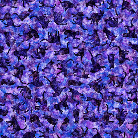 Image of Feline Fantasia Cat Silhouettes Purple quilting cotton fabric by Morris Creative Group for QT Fabrics. Features cats on a purple background. Cute Little Fabric Shop