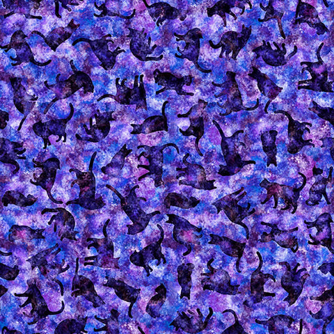 Image of Feline Fantasia Cat Silhouettes Purple quilting cotton fabric by Morris Creative Group for QT Fabrics. Features cats on a purple background. Cute Little Fabric Shop