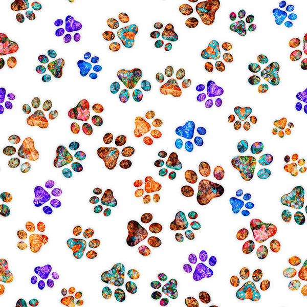 Image of Feline Fantasia Paw Prints White quilting cotton fabric by Morris Creative Group for QT Fabrics. Features paw prints on a white background. Cute Little Fabric Shop