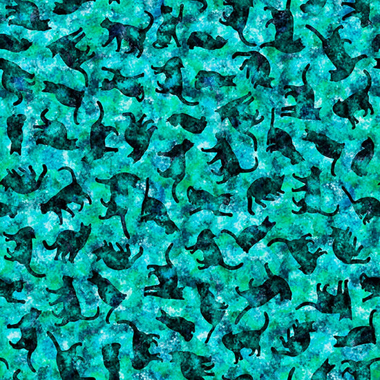 Image of Feline Fantasia Cat Silhouettes Turquoise quilting cotton fabric by Morris Creative Group for QT Fabrics. Features cats on a blue background. Cute Little Fabric Shop