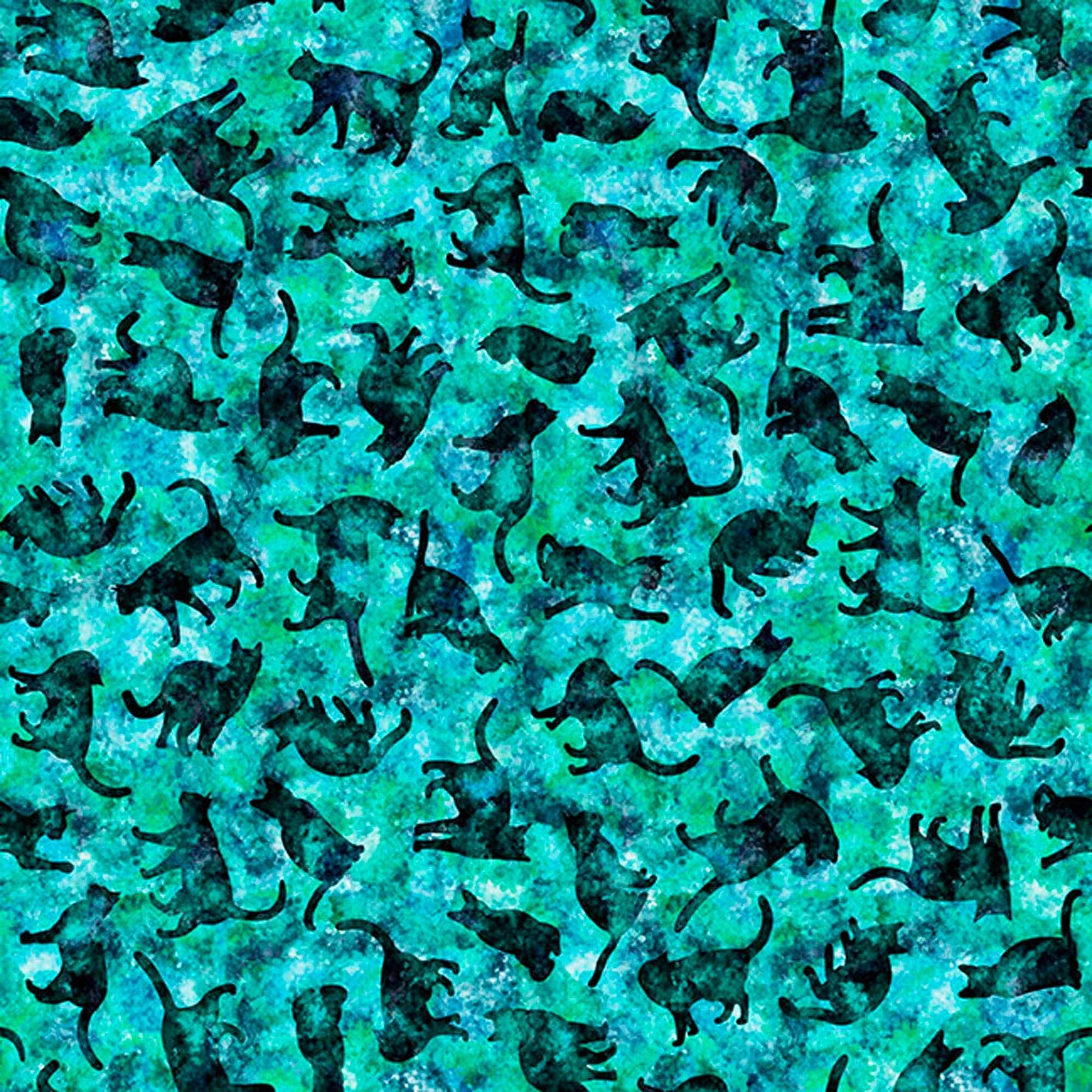 Image of Feline Fantasia Cat Silhouettes Turquoise quilting cotton fabric by Morris Creative Group for QT Fabrics. Features cats on a blue background. Cute Little Fabric Shop
