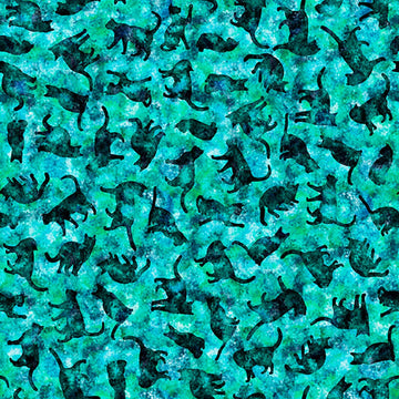 Image of Feline Fantasia Cat Silhouettes Turquoise quilting cotton fabric by Morris Creative Group for QT Fabrics. Features cats on a blue background. Cute Little Fabric Shop