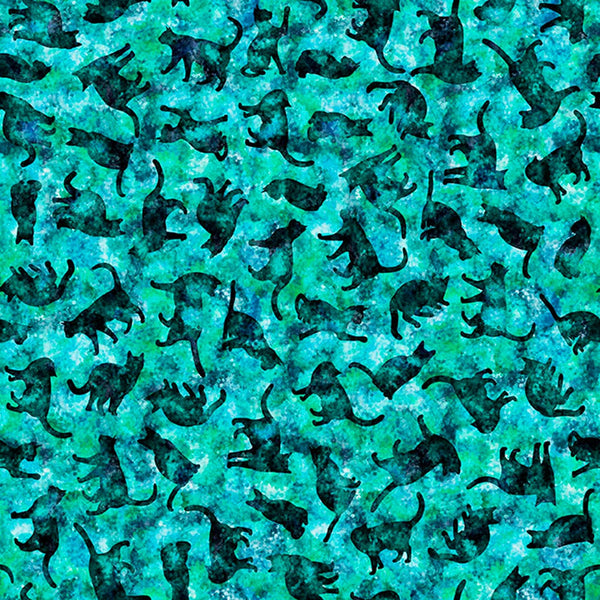 Image of Feline Fantasia Cat Silhouettes Turquoise quilting cotton fabric by Morris Creative Group for QT Fabrics. Features cats on a blue background. Cute Little Fabric Shop