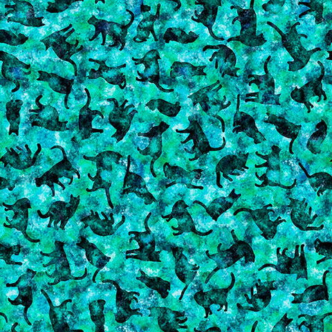 Image of Feline Fantasia Cat Silhouettes Turquoise quilting cotton fabric by Morris Creative Group for QT Fabrics. Features cats on a blue background. Cute Little Fabric Shop