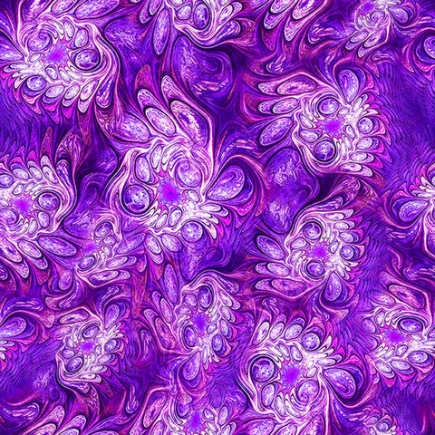 Image of Feline Fantasia Marble Abstract Magenta quilting cotton fabric by Morris Creative Group for QT Fabrics. Features marbling on a purple background. Cute Little Fabric Shop
