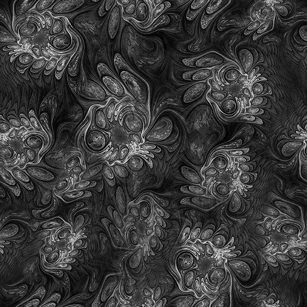 Image of Felines Fantasia Marble Abstract Black quilting cotton fabric by Morris Creative Group for QT Fabrics. Features marbling on a black background. Cute Little Fabric Shop