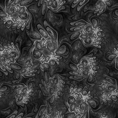 Image of Felines Fantasia Marble Abstract Black quilting cotton fabric by Morris Creative Group for QT Fabrics. Features marbling on a black background. Cute Little Fabric Shop