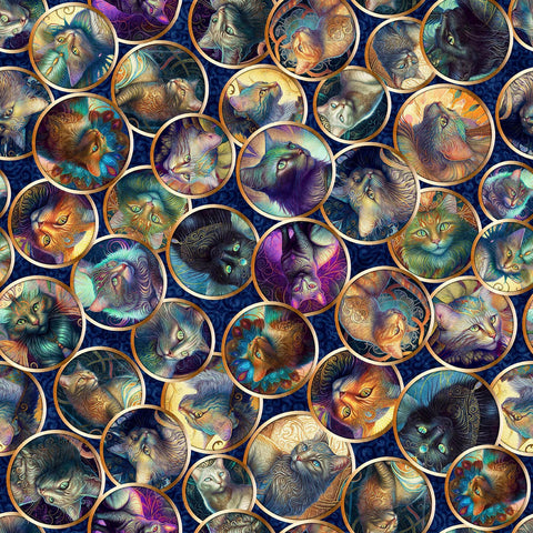Image of Feline Fantasia Cat Circles quilting cotton fabric by Morris Creative Group for QT Fabrics. Features cats on a blue background. Cute Little Fabric Shop