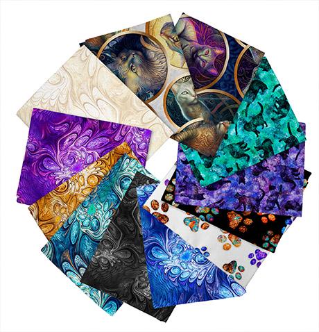Feline Fantasia Fat Quarter Bundle 12 pieces - QT Fabrics - Pre cut Precut - Cats Kittens Swirl Marble - Quilting Cotton Fabric