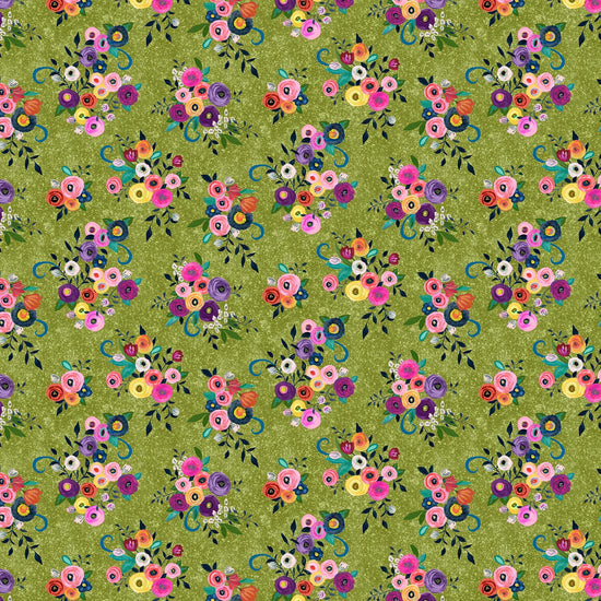 Image of Blooming Bouquet Watercolor Floral Toss Olive quilting cotton fabric by Suzanne Allard for QT Fabrics. Features flowers on a green background. Cute Little Fabric Shop