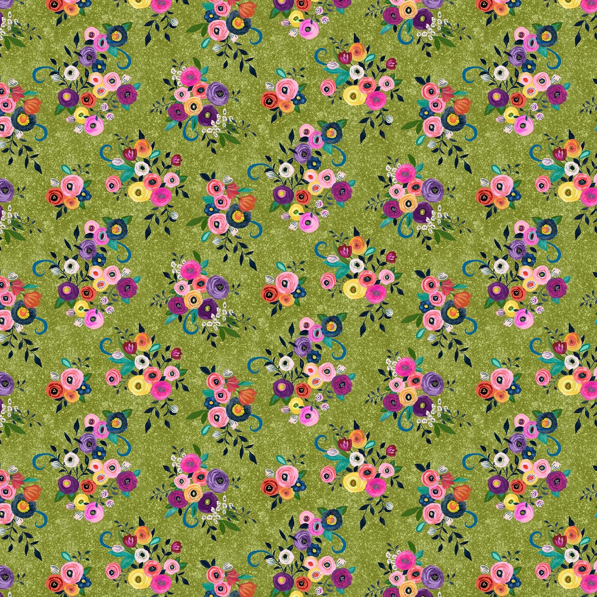 Image of Blooming Bouquet Watercolor Floral Toss Olive quilting cotton fabric by Suzanne Allard for QT Fabrics. Features flowers on a green background. Cute Little Fabric Shop