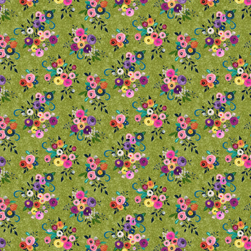 Image of Blooming Bouquet Watercolor Floral Toss Olive quilting cotton fabric by Suzanne Allard for QT Fabrics. Features flowers on a green background. Cute Little Fabric Shop
