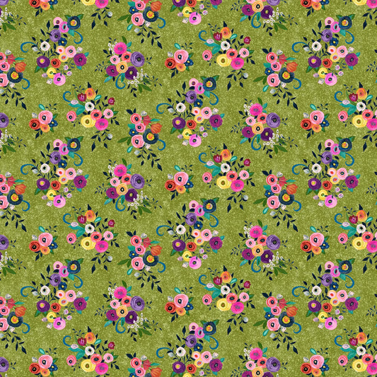 Image of Blooming Bouquet Watercolor Floral Toss Olive quilting cotton fabric by Suzanne Allard for QT Fabrics. Features flowers on a green background. Cute Little Fabric Shop