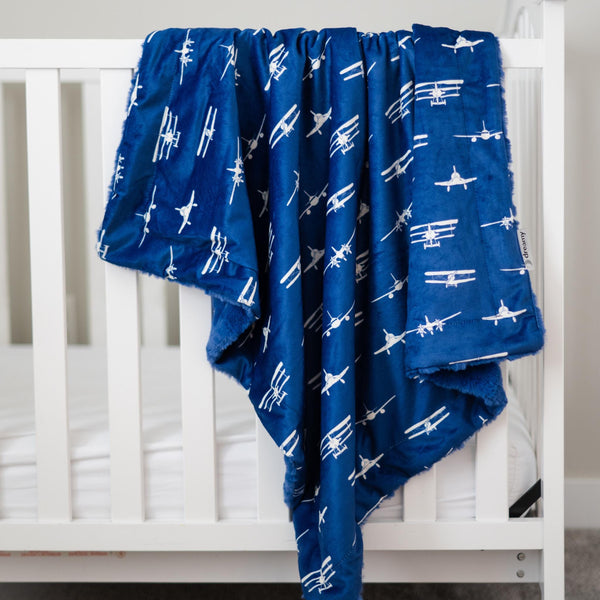 Airplanes Take Flight Navy Baby Minky Blanket - MB6002 - Riley Blake Designs - Planes Aircraft - Prepackaged Dreamy Baby Minky Blanket