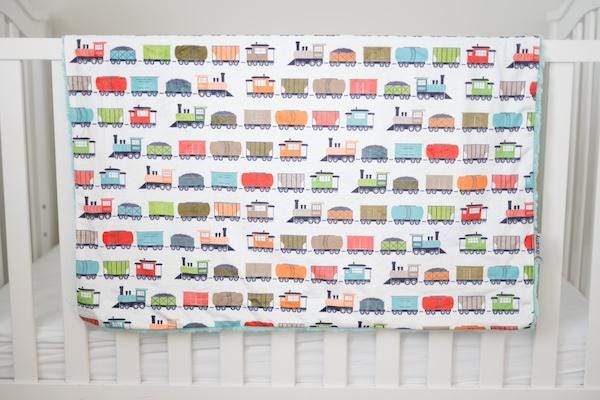Trainyard Cream Baby Minky Blanket - MB6001 - Riley Blake Designs - Train Locomotive - Prepackaged Dreamy Baby Minky Blanket