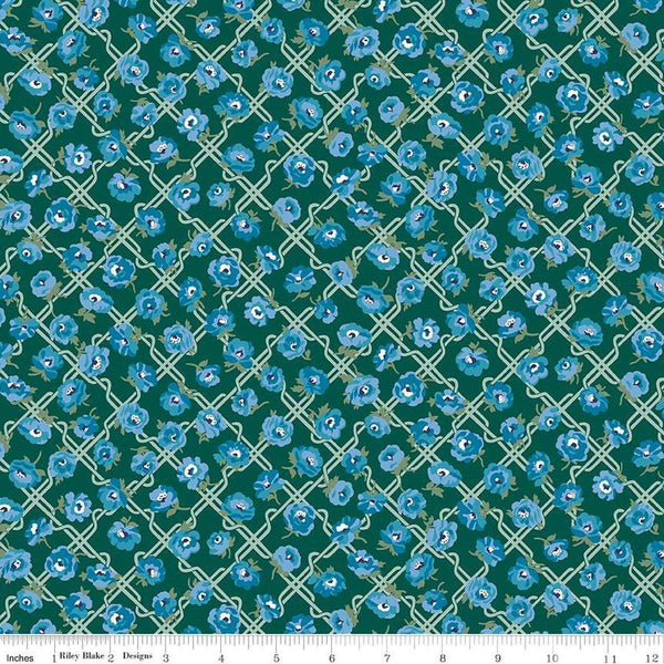 Floral Nostalgia Rosemary Bloom quilting cotton fabric by Liberty Fabrics for Riley Blake Designs. Features flowers on a blue background. Cute Little Fabric Shop