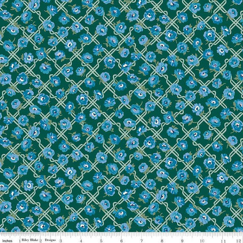 Floral Nostalgia Rosemary Bloom quilting cotton fabric by Liberty Fabrics for Riley Blake Designs. Features flowers on a blue background. Cute Little Fabric Shop