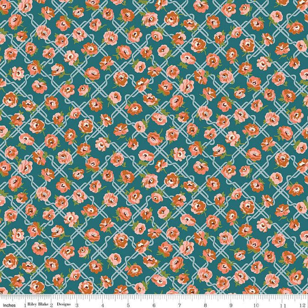 Floral Nostalgia Rosemary Blooms quilting cotton fabric by Liberty Fabrics for Riley Blake Designs. Features flowers on a blue background. Cute Little Fabric Shop