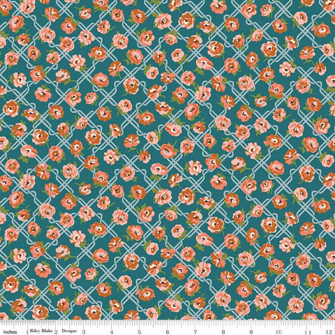 Floral Nostalgia Rosemary Blooms quilting cotton fabric by Liberty Fabrics for Riley Blake Designs. Features flowers on a blue background. Cute Little Fabric Shop
