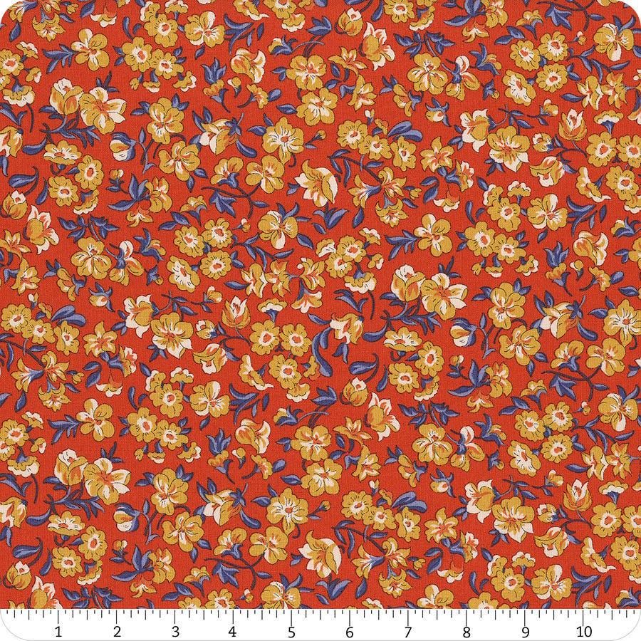 Floral Nostalgia Eleanor Grace quilting cotton fabric by Liberty Fabrics for Riley Blake Designs. Features flowers on a red background. Cute Little Fabric Shop