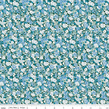 Floral Nostalgia Isly Garden quilting cotton fabric by Liberty Fabrics for Riley Blake Designs. Features flowers on a blue background. Cute Little Fabric Shop