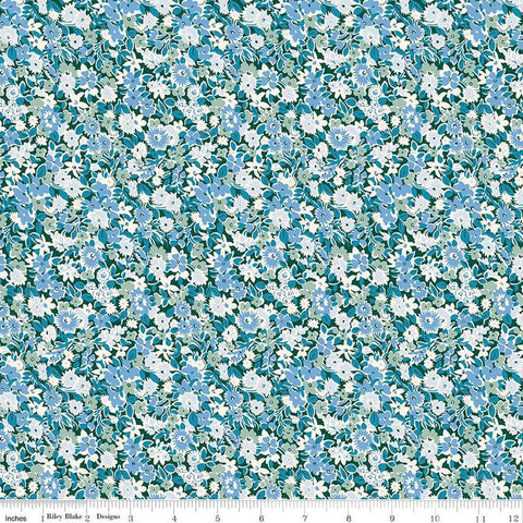 Floral Nostalgia Isly Garden quilting cotton fabric by Liberty Fabrics for Riley Blake Designs. Features flowers on a blue background. Cute Little Fabric Shop