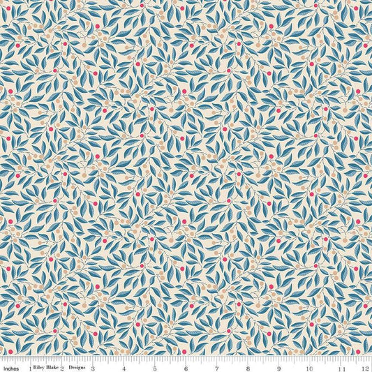 Image of Craft Garden Willow Stitch quilting cotton fabric by Liberty Fabrics for Riley Blake Designs. Features leaves on a cream background. Cute Little Fabric Shop