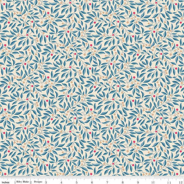 Image of Craft Garden Willow Stitch quilting cotton fabric by Liberty Fabrics for Riley Blake Designs. Features leaves on a cream background. Cute Little Fabric Shop