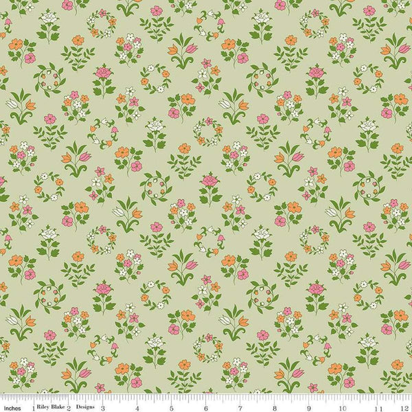 Image of Craft Garden Mary&#39;s Embroidery quilting cotton fabric by Liberty Fabrics for Riley Blake Designs. Features flowers on a green background. Cute Little Fabric Shop