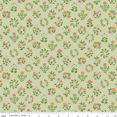 Image of Craft Garden Mary&#39;s Embroidery quilting cotton fabric by Liberty Fabrics for Riley Blake Designs. Features flowers on a green background. Cute Little Fabric Shop