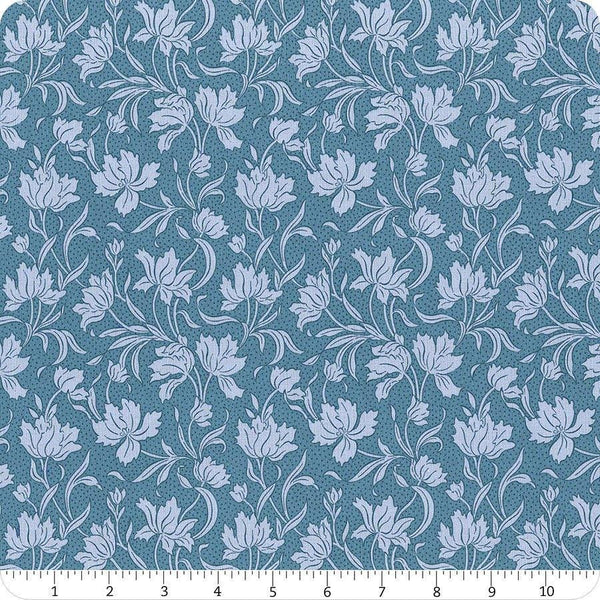 Image of Craft Garden Craft Blooms quilting cotton fabric by Liberty Fabrics for Riley Blake Designs. Features flowers on a blue background. Cute Little Fabric Shop