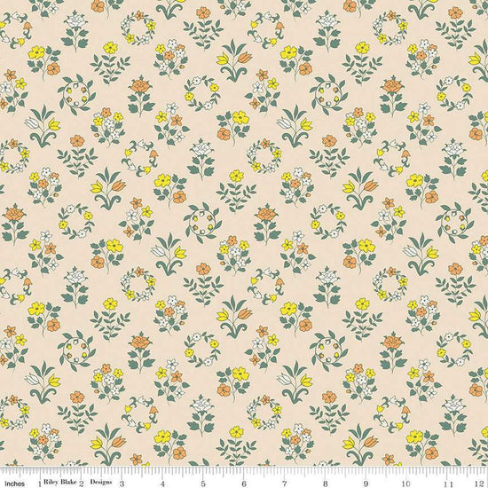 Image of Craft Garden Mary's Embroidery quilting cotton fabric by Liberty Fabrics for Riley Blake Designs. Features flowers on a cream background. Cute Little Fabric Shop