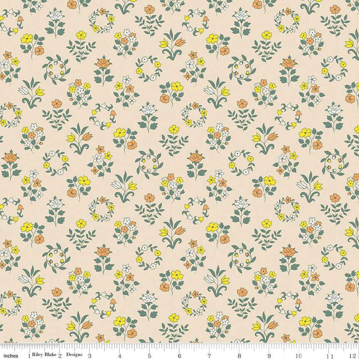 Image of Craft Garden Mary's Embroidery quilting cotton fabric by Liberty Fabrics for Riley Blake Designs. Features flowers on a cream background. Cute Little Fabric Shop