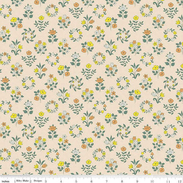 Image of Craft Garden Mary's Embroidery quilting cotton fabric by Liberty Fabrics for Riley Blake Designs. Features flowers on a cream background. Cute Little Fabric Shop