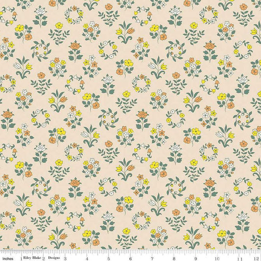 Image of Craft Garden Mary's Embroidery quilting cotton fabric by Liberty Fabrics for Riley Blake Designs. Features flowers on a cream background. Cute Little Fabric Shop