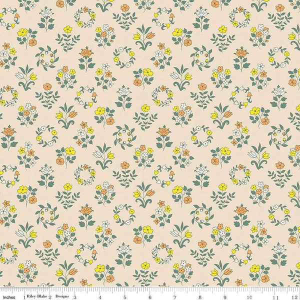 Image of Craft Garden Mary&#39;s Embroidery quilting cotton fabric by Liberty Fabrics for Riley Blake Designs. Features flowers on a cream background. Cute Little Fabric Shop