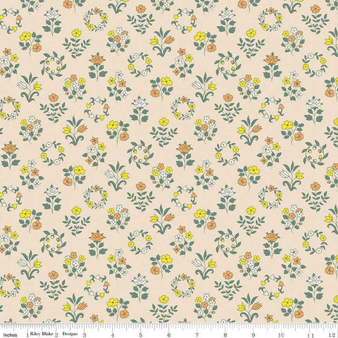 Image of Craft Garden Mary&#39;s Embroidery quilting cotton fabric by Liberty Fabrics for Riley Blake Designs. Features flowers on a cream background. Cute Little Fabric Shop