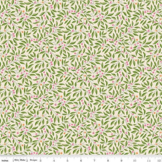 Image of Craft Garden Willow Stitch quilting cotton fabric by Liberty Fabrics for Riley Blake Designs. Features leaves on a cream background. Cute Little Fabric Shop