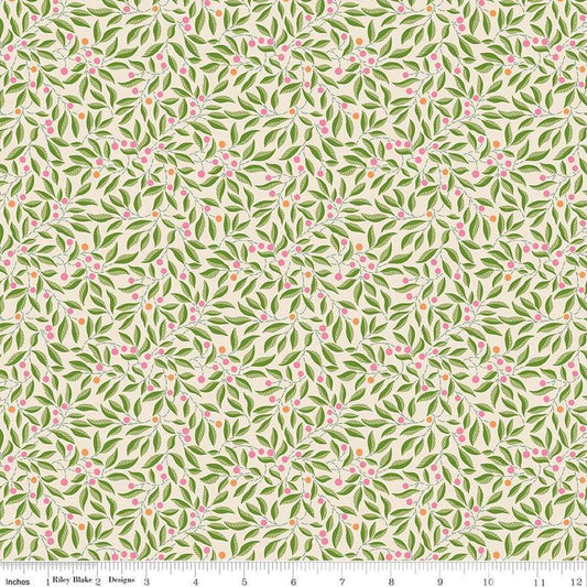Image of Craft Garden Willow Stitch quilting cotton fabric by Liberty Fabrics for Riley Blake Designs. Features leaves on a cream background. Cute Little Fabric Shop