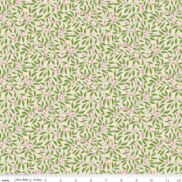Image of Craft Garden Willow Stitch quilting cotton fabric by Liberty Fabrics for Riley Blake Designs. Features leaves on a cream background. Cute Little Fabric Shop