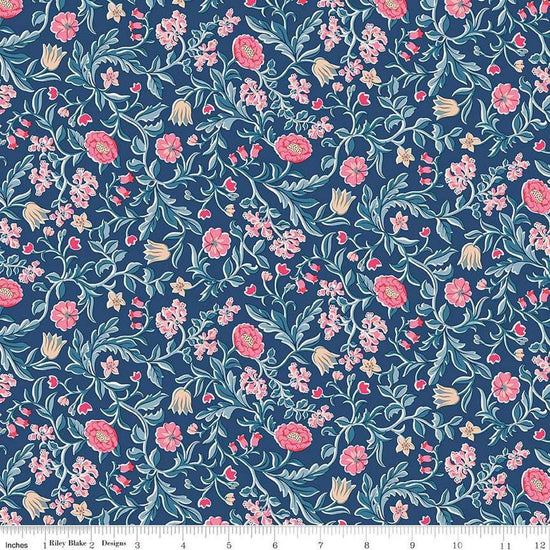 Image of Craft Garden May's Flowers quilting cotton fabric by Liberty Fabrics for Riley Blake Designs. Features flowers on a blue background. Cute Little Fabric Shop
