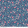 Image of Craft Garden May's Flowers quilting cotton fabric by Liberty Fabrics for Riley Blake Designs. Features flowers on a blue background. Cute Little Fabric Shop