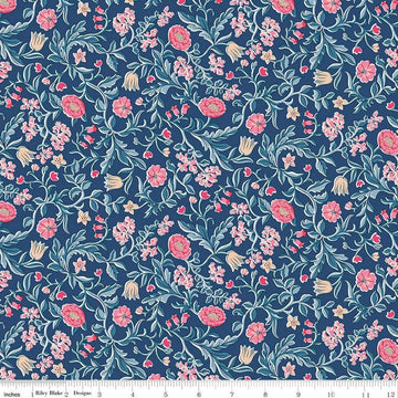 Image of Craft Garden May's Flowers quilting cotton fabric by Liberty Fabrics for Riley Blake Designs. Features flowers on a blue background. Cute Little Fabric Shop