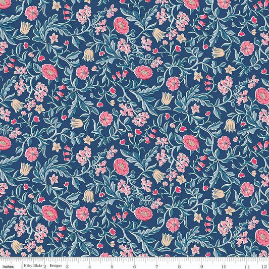 Image of Craft Garden May's Flowers quilting cotton fabric by Liberty Fabrics for Riley Blake Designs. Features flowers on a blue background. Cute Little Fabric Shop