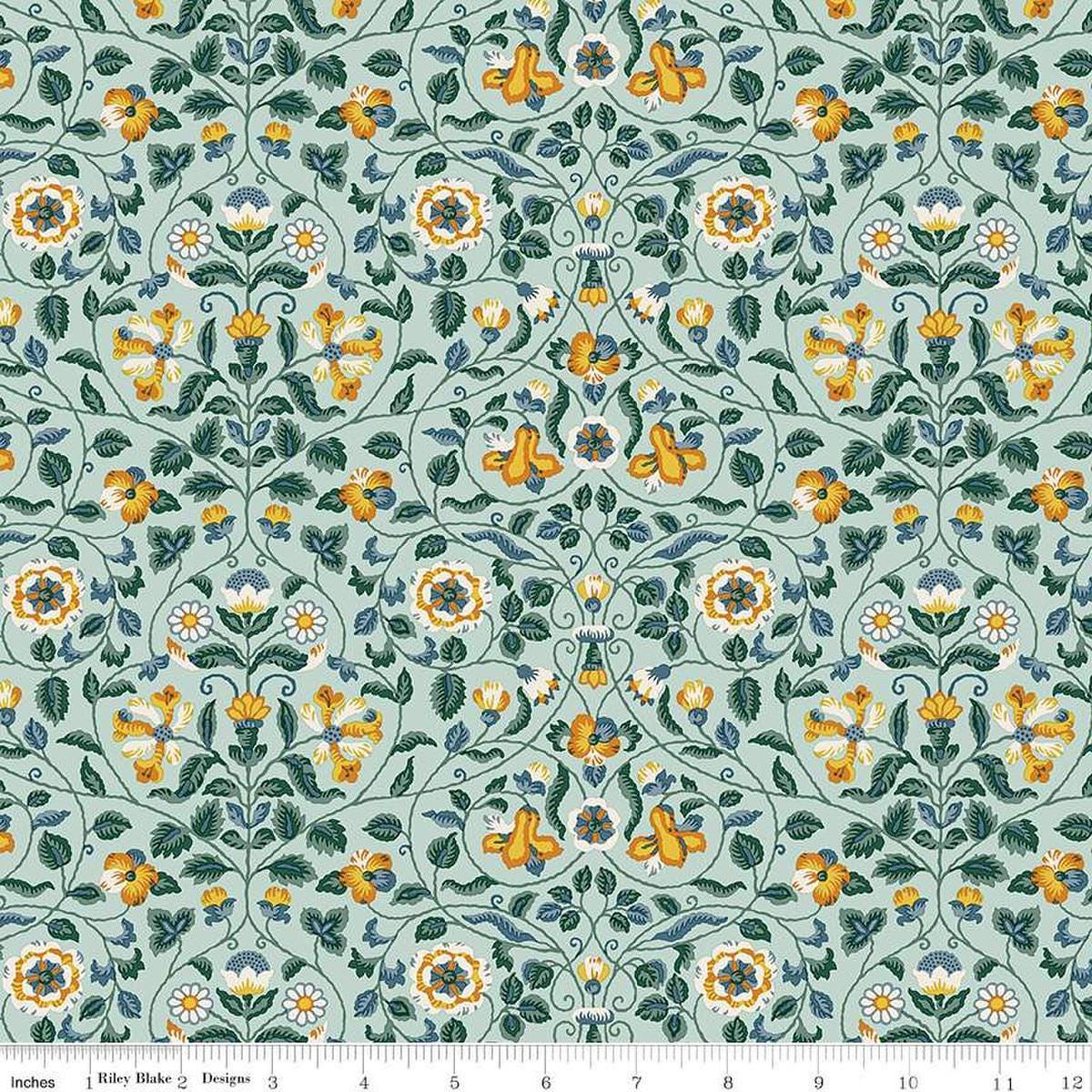 Image of Craft Garden Tapestry Trail quilting cotton fabric by Liberty Fabrics for Riley Blake Designs. Features flowers on a blue background. Cute Little Fabric Shop
