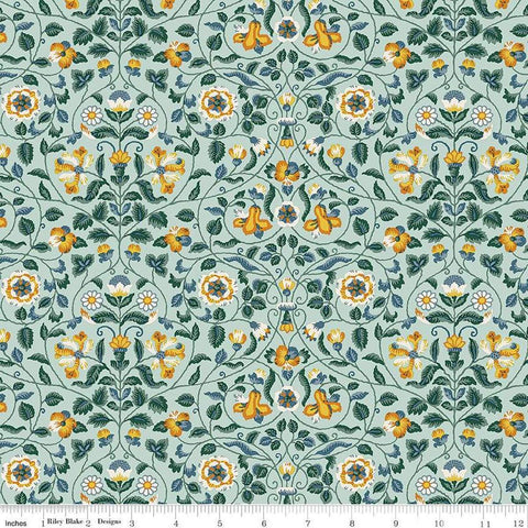 Image of Craft Garden Tapestry Trail quilting cotton fabric by Liberty Fabrics for Riley Blake Designs. Features flowers on a blue background. Cute Little Fabric Shop