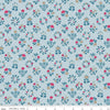 Image of Craft Garden Mary's Embroidery quilting cotton fabric by Liberty Fabrics for Riley Blake Designs. Features flowers on a blue background. Cute Little Fabric Shop