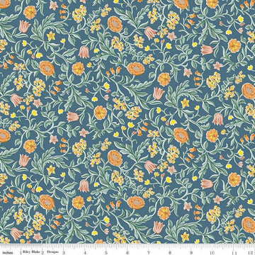 Image of Craft Garden May's Flowers quilting cotton fabric by Liberty Fabrics for Riley Blake Designs. Features flowers on a blue background. Cute Little Fabric Shop