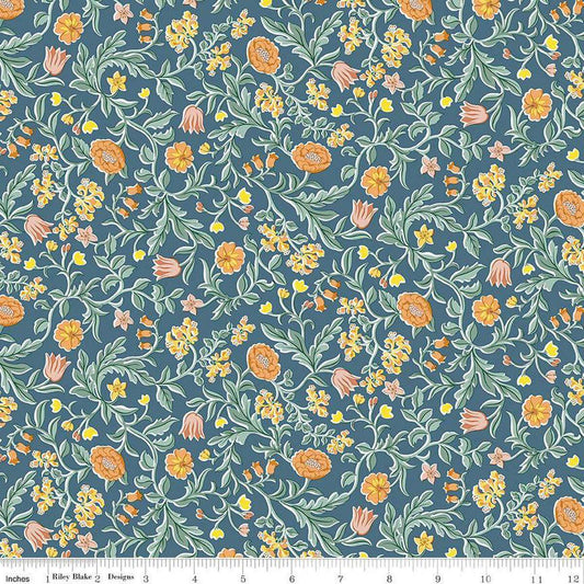 Image of Craft Garden May's Flowers quilting cotton fabric by Liberty Fabrics for Riley Blake Designs. Features flowers on a blue background. Cute Little Fabric Shop